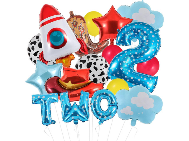 17Pcs Toy Themed Party Decorations Cartoon 2nd Birthday Decorations Blue Sky Clouds Cowboy Hat Boots Rocket Balloons Two Infinity and Beyond Toy...