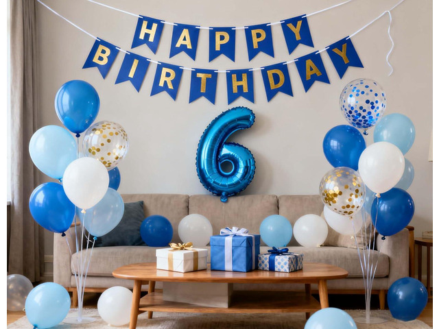 6th Birthday Decorations for Boys Girls, Blue Gold Number 6 Foil Balloon Banner for 6th Party Supplies Child 6 Years Old Theme Birthday Party...