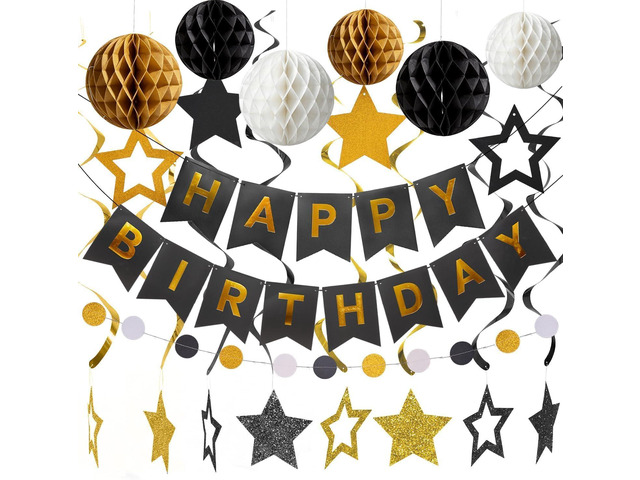 Happy Birthday Decorations, Happy Birthday Banner with Honeycomb Balls, Stars Hanging Swirl Streamers, Circle Dots Garland, Party Decorations for...