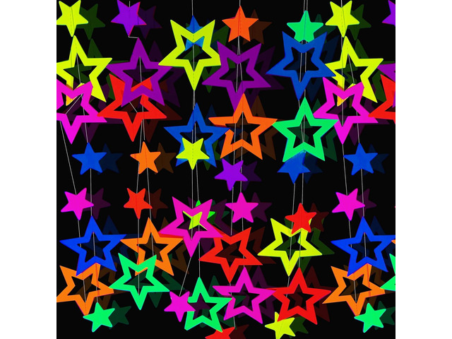 126feet UV Neon Streamers Hollowed Star Hanging Paper Glow Garland Neon Glow in The Dark Party Supplies and Decorations Blacklight Reactive...