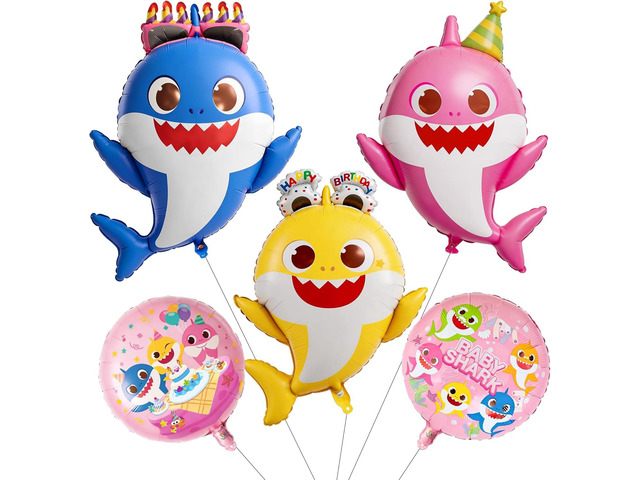 PartyWoo Baby Shark Family Foil Balloons 5pcs Baby Shark Family Pink Round Mylar Helium Balloons for Boys and Girls Birthday Decorations Under the...