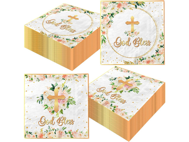 40pcs God Bless Baptism Napkin Disposable Floral Cross Paper Napkins Religious Christian Dinner Napkins for Baby Shower First Communion...