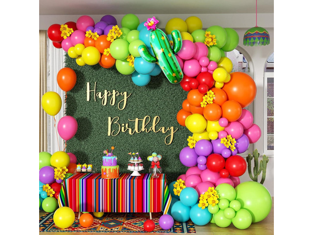 176pcs Mexican Fiesta Balloon Garland Arch Kit with Yellow Hot Pink Lime Green Orange Purple Teal Red Foil Balloons for Mexican Fiesta Birthday...