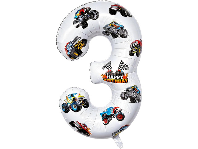 Lcoor Number 3 Truck Balloons - 40 Inch Large Foil Mylar Balloons for Boys 3rd Birthday Party Decorations, Truck Theme Party Supplies and Favors