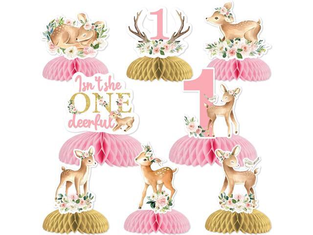 8Pcs Pink Deer Theme Honeycomb Centerpieces for Girl 1st Birthday, One Year Old Baby Girl Birthday Table Topper Isnt She Onederful Decorations.