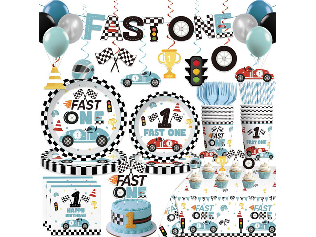 Xynic 160pcs Fast One Birthday Decorations For Boys Tableware Complete Party Set, Fast One Birthday Decorations, Blue Race Car & Car Theme 1st...