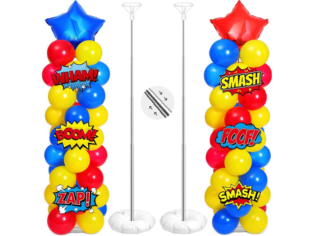 Realspring 2 Set Hero Themed Party Decorations Adjustable Red Yellow Blue Balloon Column Stand Kit 6 Pcs Jumbo Hero Cards 148 Pcs Fun Balloons for...