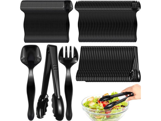 Patelai 96 Pcs Plastic Serving Utensils Disposable Black Serving Spoons Forks Tongs Heavy Duty Party Utensils for Dinner Parties, Buffets,...