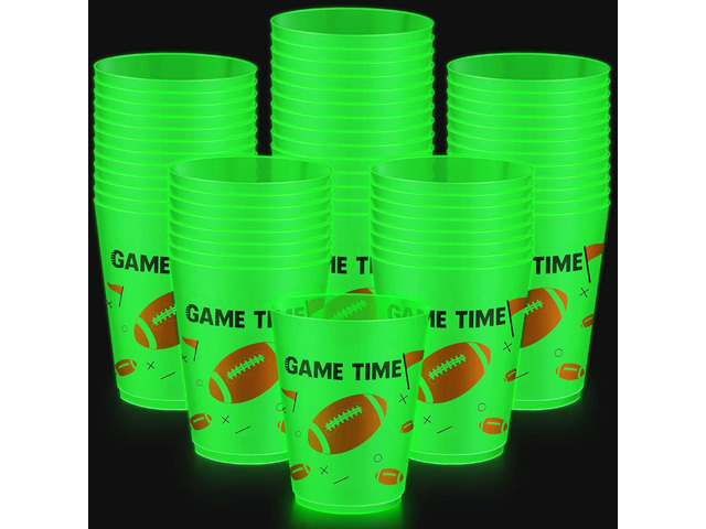 24 Pack Football Party Decoration Glow in The Dark Cups 16 oz Football Plastic Cups Reusable Green Frosted Tumbler with Footballs Rugby Flag...