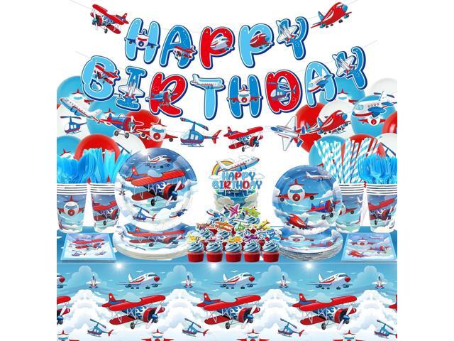 Airplane Birthday Party Decorations - Airplane Party Supplies, Plates Cups Napkins Tablecloth Happy Birthday Banner Balloon Cake Toppers for Plane.
