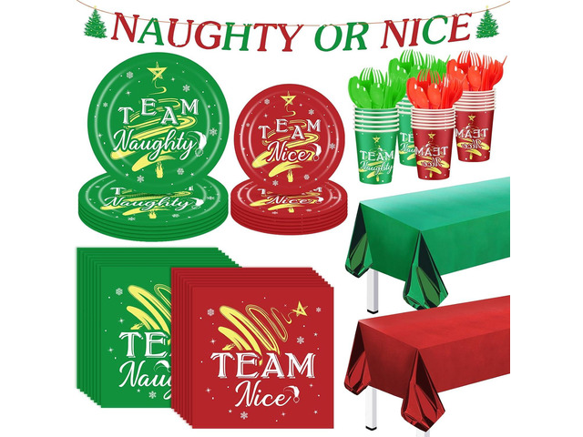 SiliFine 147 Pcs Christmas Party Tableware Set Naughty or Nice Party Supplies Xmas Disposable Dinnerware Plates Napkins Cups Knives Forks Spoons...