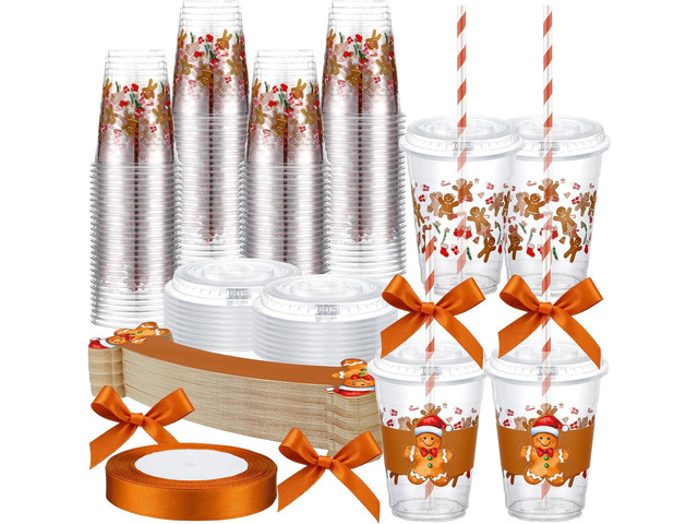 Jingmore 60 Pcs 12 oz Christmas Gingerbread Plastic Cups Bulk with Lids Sleeves and Straws Christmas Disposable Clear Plastic Cups Xmas Candy Canes...