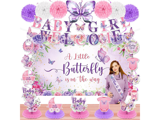 23pcs Butterfly Baby Shower Decorations for Girl Purple Baby Shower Butterfly Banner Backdrop Table Centerpieces Hanging Swirls Pompoms A Little...