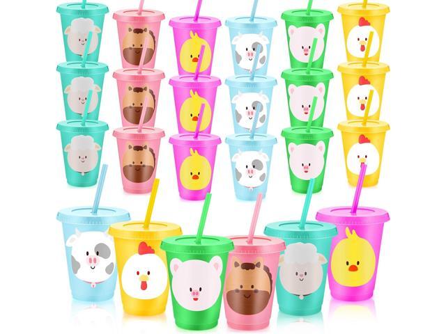 Jingmore 24 Pcs Farm Animal Birthday Decorations Cups with Straws and Lids, 16oz Reusable Plastic Drink Cups for Party Favors Supplies Gifts