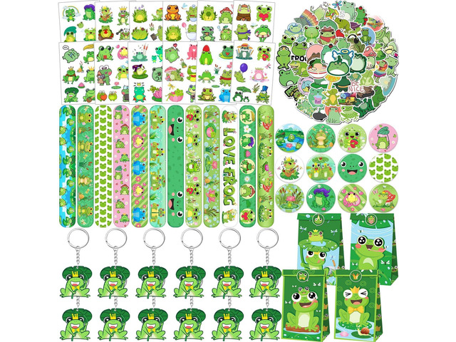 110 PCS Frog Party Favors, Frog Temporary Tattoos Slap Bracelets Keychains Stickers Badges Gift Bags for Frog Birthday Party Decorations Supplies...