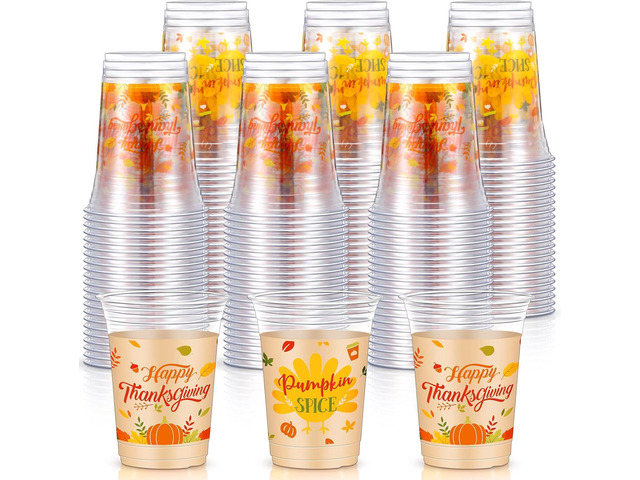 Blulu 100 Pieces 16 Ounce Thanksgiving Plastic Cups Bulk Thanksgiving Party Supplies Fall Disposable Pumpkin Maple Leaves Printed Cups for Fall...