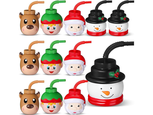 Sliner 12 Pack Christmas Party Favor Gift Cups with Straws and Lids,10 oz Christmas Plastic Cups Cute Santa Claus Elk Snowman for Winter Xmas...
