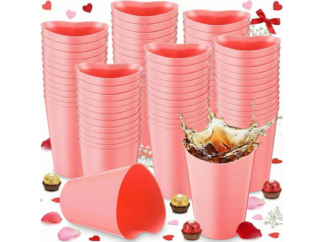 Qinyoung 100 Pcs Pink Plastic Party Cups Bulk 12 oz Cute Bachelorette Cups Reusable Plastic Heart Shaped Wine Cup for Wedding Birthday Drinking...