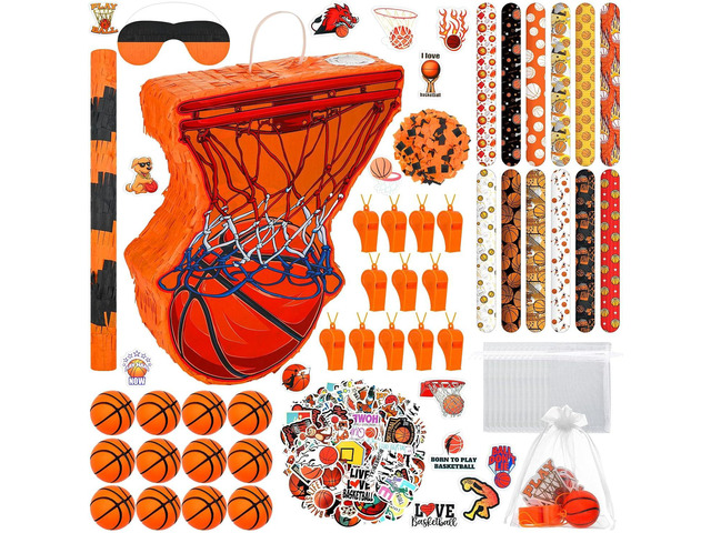Silipull 152 Pcs Basketball Piñata Ball Party Supplies with Blindfold and Stick for Kids Birthday Party Decorations Foam Stress Slap Bracelets...