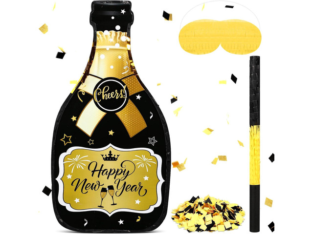Capoda Happy New Year Champagne PiÃ±ata Set 16 x 8.3 x 3 Inches Champagne Bottle Black and Gold PiÃ±ata with Tassel Stick Blindfold Confetti for 2026...