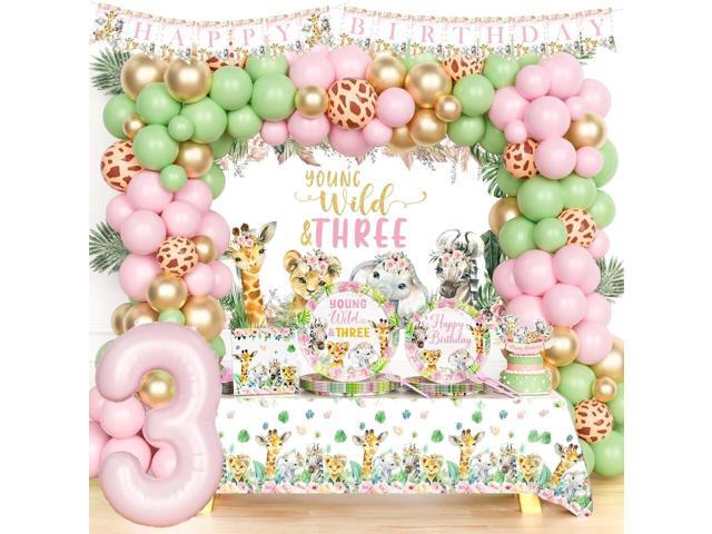 Hombae Young Wild and Three Party Decorations Girl, Safari 3rd Birthday Decorations, Jungle Animal Theme 3 Year Old Party Supplies Backdrop Balloon...