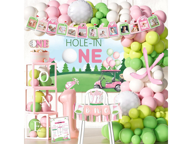 Party Inspo Hole in One Birthday Decorations Girl 111PCS Golf Theme First Party Supplies with Backdrop, Pink Green Balloon Garland, 1st Birthday...