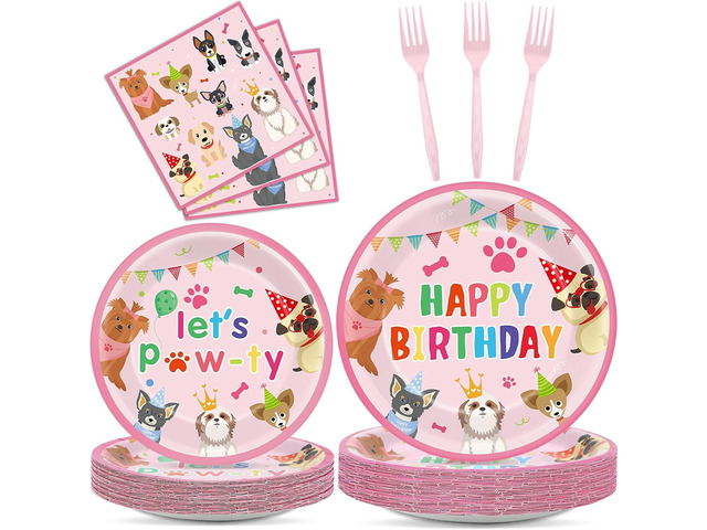 200Pcs Dog Birthday Party Decorations Puppy Tableware Dinnerware Set Pink Pet Lets Pawty Theme Paper Plates and Napkins Paw Print Disposable...