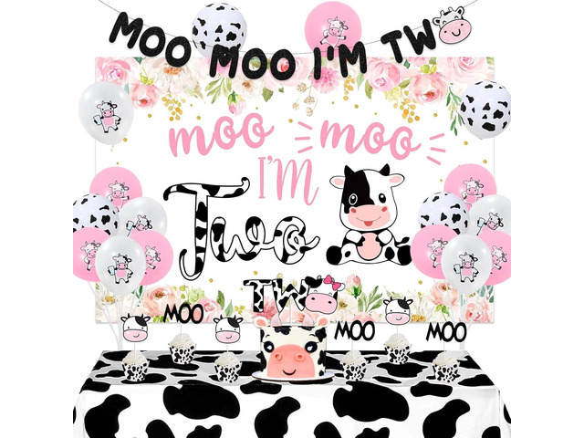 Sursurprise Cow 2nd Birthday Decorations for Girl, Moo Moo Im Two Backdrop Banner Cake Topper Cow Print Balloons Tablecloth Pink Farm Animal...