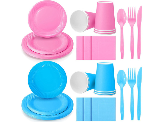 Dandat 280 Pieces Pink Blue Paper Plates and Napkins 9oz Paper Cups Plastic Knives Forks Spoons Disposable Tableware Pack for Gender Reveal Baby...