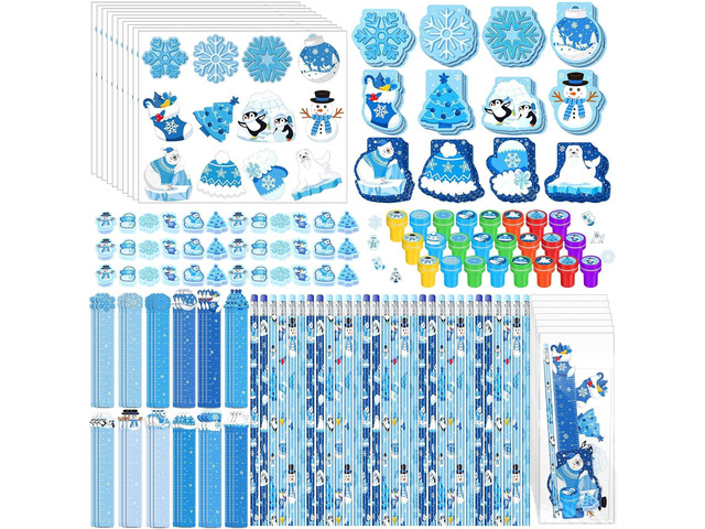 Faccito 336 Pcs Winter Party Favors Snowflake Party Supplies Winter Wonderland Stationery Set Notebook Sticker Stamper Eraser Ruler Pencil for...
