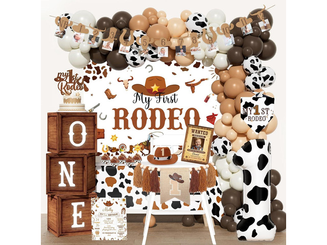 Hombae My First Rodeo Decorations Boy 122PCs Cowboy Theme 1st Birthday Party Supplies Set with Backdrop, Balloon Garland, Banner, Tablecloth,...