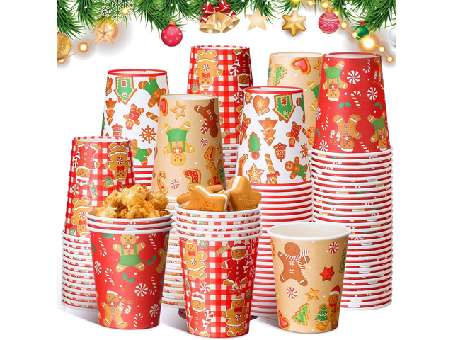 Dandat 200 Pcs Christmas Gingerbread Paper Cups Hot Chocolate Coffee Cups 9 Ounce Red Christmas Gingerbread Disposable Paper Cup for Holiday Xmas...