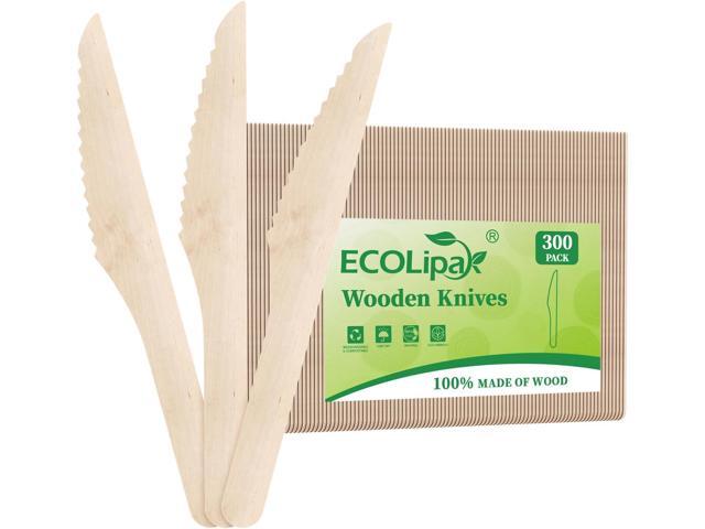 ECOLipak 300 Count Disposable Wooden Knives, Wooden Compostable Disposable Knives for Party, Camping, Traveling, Family Dinners