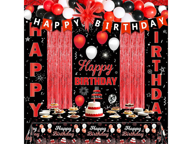 Red Birthday Decorations for Men Women, Red and Black Happy Birthday Decorations, Happy Birthday Banner Balloons Tablecover Fringe Curtain Porch...