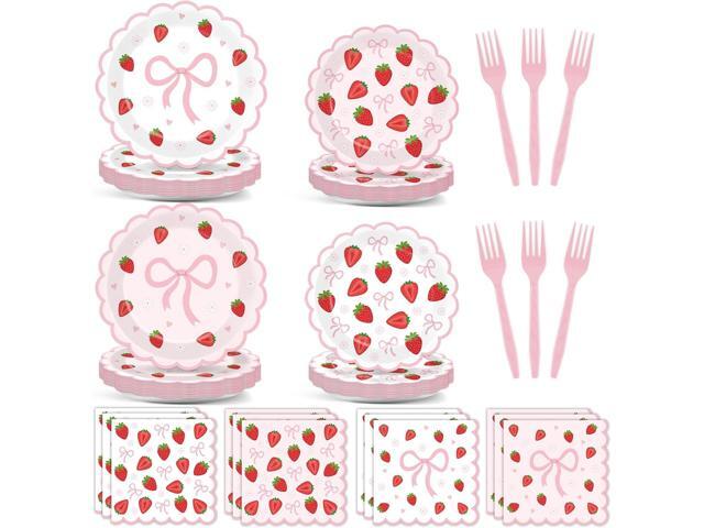 96Pcs Strawberry Party Plates and Napkins Bow Berry Sweet Scalloped Birthday Plates Party Supplies Pink Strawberry Tableware for Girls Baby Shower.