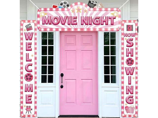 3Pcs Pink Movie Night Porch Banner Decoration Movie Theme Party Decorations Movie Theater Welcome Now Showing Door Banner Porch Sign Door Decor for.
