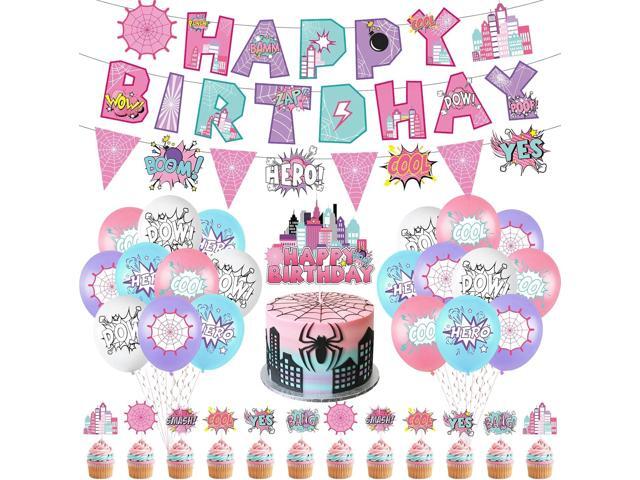 Hero Party Decoration Hero Happy Birthday Banner Pink Spidey Theme Pennant Flag Banner Cake Toppers Latex Balloons for Spider Girl Birthday Baby.