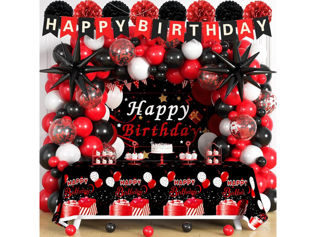 Red Birthday Decorations for Men Women Boys Girls, 95pcs Red Black and White Birthday Decor, 16th 18 40th 50th 60th Birthday Decor Party Supplies,...