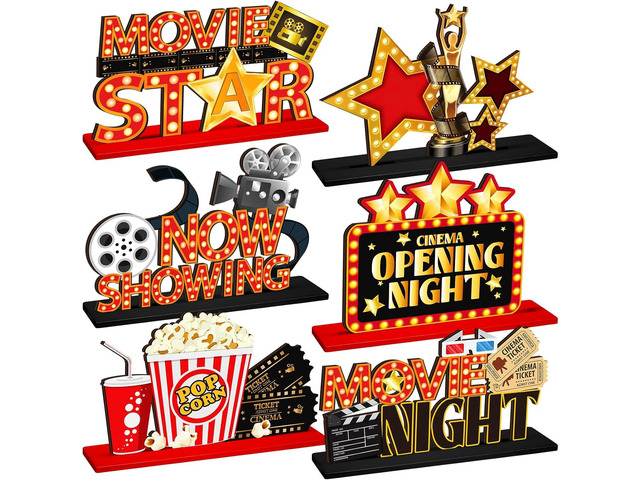 6 Pcs Movie Night Party Decorations Movie Wooden Table Centerpiece Ticket Star Video Popcorn Table Sign Tabletop Decor for Birthday Party Home...