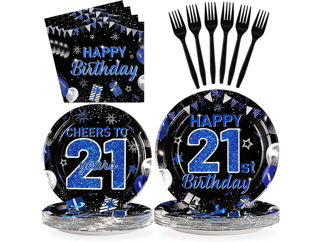 96Pcs 21st Birthday Decorations Blue Black 21st Birthday Plates and Napkins Cheers to 21 Tableware Set for 21 Years Old Boys Girls Legal Birthday...