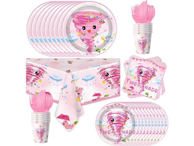 81Pcs Pink Tornado Theme Party Tableware Set Pink Two Nado Birthday Party Decoration Tornado Party Supplies