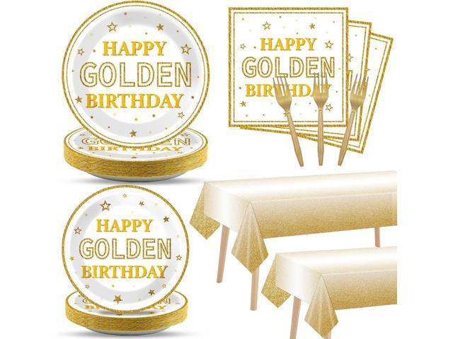 Justforjoyful 98PCS Happy Golden Birthday Party Supplies Happy Golden Birthday Paper Plates Napkins Tablecloths White Gold Dinnerware for Women Men.