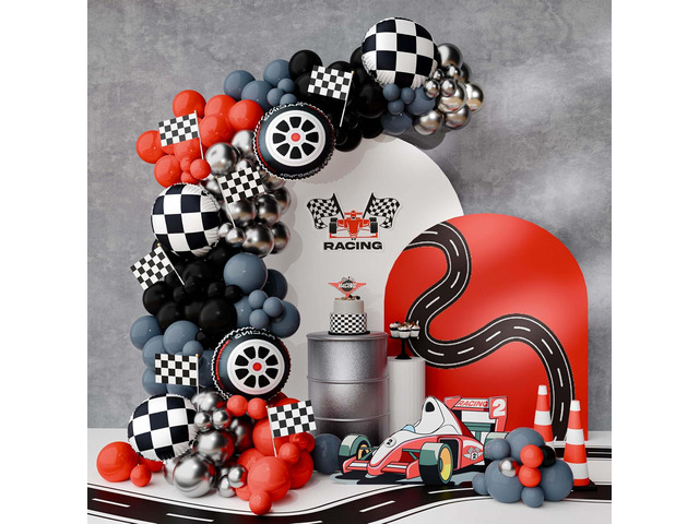 Race Car Balloon Garland Arch Kit 157PCS Red Black Silver Foil Latex Balloons Racing Wheels, Flags for Two Fast 2nd Birthday Party Decorations,...