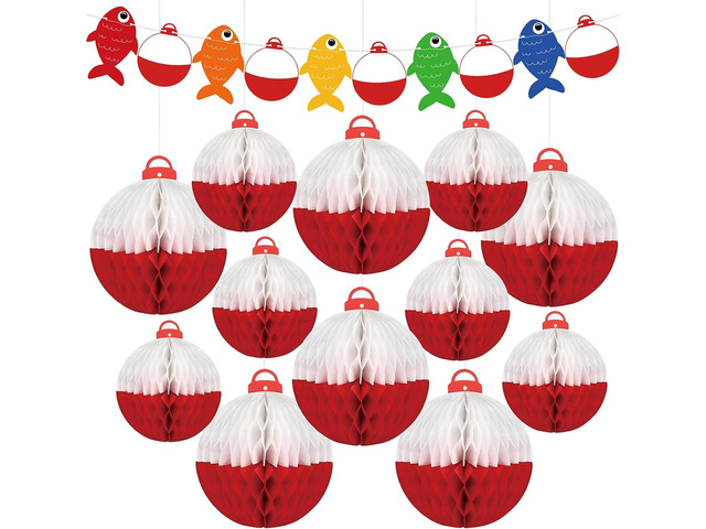 13PCS Gone Fishing Party Decorations for Ofishally One Birthday, Bobber Paper Hanging Honeycomb Balls and Fish Banners for Under the Sea, Summer,...
