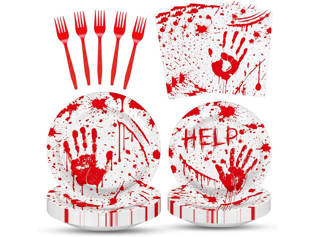 100 Pieces Halloween Bloody Handprint Tableware Set, Blood Splatter Plates, Napkins, and Red Plastic Forks for Halloween, Horror Birthday, Zombie...