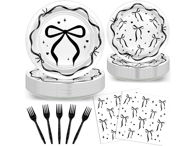 Avezano 96pcs Black Bow Plates and Napkins Black Bow Birthday Party Decorations Balck and White Bow Birthday Decorations Disposable Tableware Serve 24
