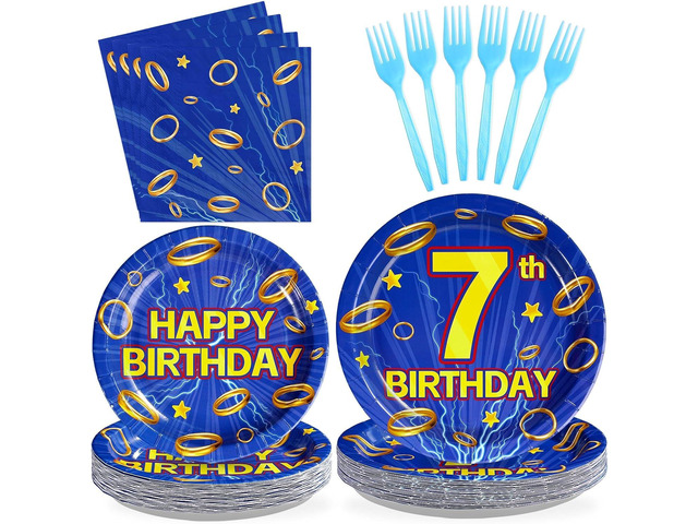 96Pcs Blue Hedgehog Birthday Decoration for Boys Cartoon Theme Hedgehog 7th Birthday Plates and Napkins Blue with Gold Ring Seven Year Old...