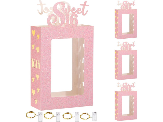 Yerliker 8 Pcs Happy Sweet 16th Birthday Photo Frame Table Centerpieces Decorations with 4 Light String for Girls' 16th Party Supplies(Pink)