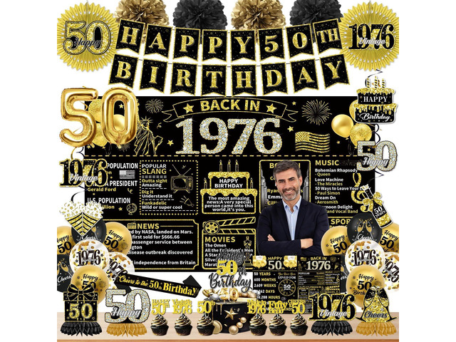 50th Birthday Decorations - Black and Gold Vintage Back in 1976 Party Supplies include Backdrop Hanging Swirls Sash Balloons, Happy 50th Birthday...