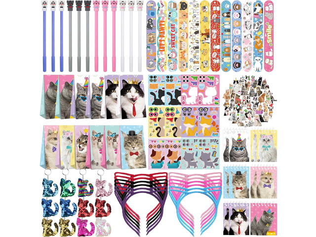 139PCS Cat Party Favors - 12 Cat Stickers 12 Slap Bracelets 12 Cat Ears Headband 12 Cat Animal Mini Notepad 12 Cat Face Pen 12 Cat Keychain 12 Cat...